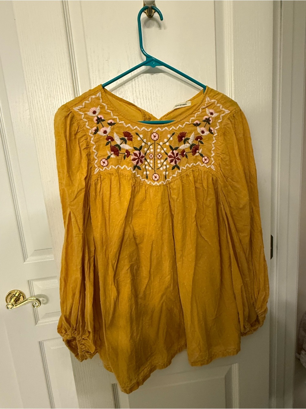 Max Studio Mustard Embroidered Peasant Tunic